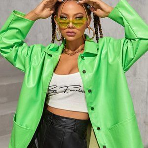 ⭐ $5 ⭐ SHEIN Lime Green Oversized Faux Leather Coat with Pockets